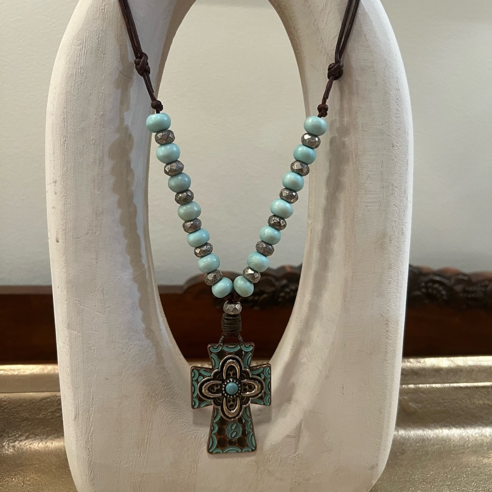 Turquoise Beaded Cross Necklace